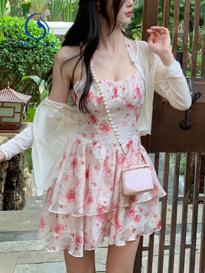 2 Piece Dress Set Women Floral Mini Dress + Casual Blouse Korean Fashion Suits Sweet Clothing Sexy Dress Party Beach 2022 Summer