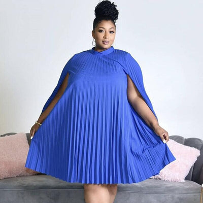 African Women Oversized Party Dress Pleat Loose Short Dresses Cloak Sleeve Mock Collar Large Female Birthday Robes for Summer