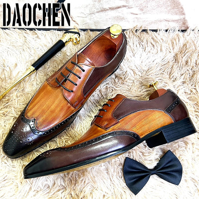 Luxury Brand Men Leather Shoes Lace Up Pointed Toe Mixed Colors Brogues Oxford Mens Dress Shoes Wedding Office Formal Shoes Men