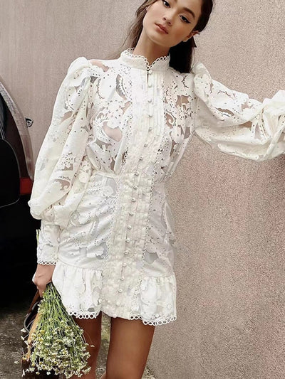 High Quality Spring Women's Fashion Designer Party Mini Dress Lantern Sleeve Gorgeous Lace Shirt Style White Print Dresses 1A264
