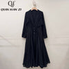 QHZ Designer Fashion Retro new Trench suit lapel long sleeved Jacquard Linen and cotton stitching large swing dress long coat