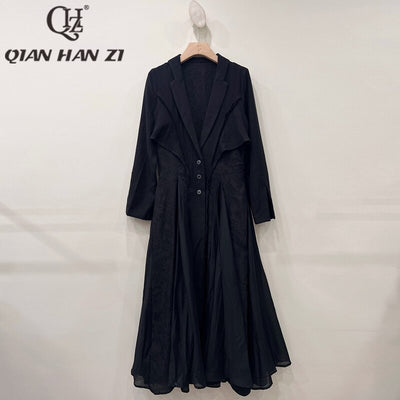 QHZ Designer Fashion Retro new Trench suit lapel long sleeved Jacquard Linen and cotton stitching large swing dress long coat