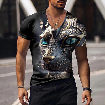 Oversized Animal T-shirt Men Black Tees Lion Print Shirts Pattern V-neck Tops Fashion Casual Short Sleeve Summer Men's Clothing