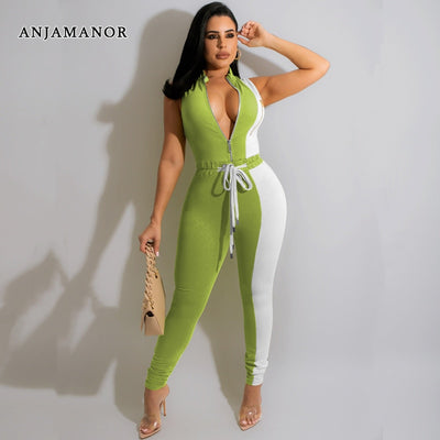 ANJAMANOR Fashion Sport One Piece Jumpsuit Colorblock Zip Up Sleeveless Bodycon Jump Suits for Women Wholesale Items D44-DZ34