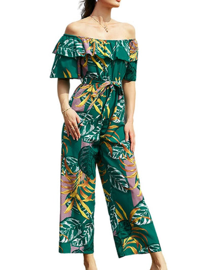 Sexy Women Jumpsuits Off shoulder Ankle length wide leg pants Ruffles short sleeve Casual holiday jump suits for women rompers