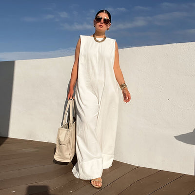 Lemongor Female Solid Color Sleeveless Wide Leg Jumpsuits Summer Fashion Loose Casual Cool Jump Suits For Women 2023 New