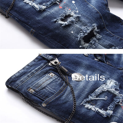EH·MD® Perforated Splash-Ink Jeans Men's Wear And Tear Patchwork Trousers Cotton High Elastic Slim 3D Metal Pendant Double Layer