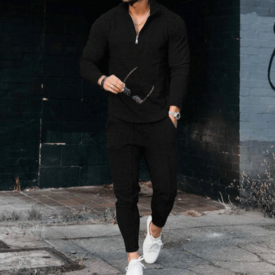 Men's Textured Suit Long Sleeve Polo and Track Pants Fashion Casual Zip Stand Collar Suit