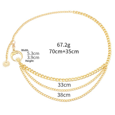 Women Waist Chain Belt for Dress Skirt Belts with Moon Star Body Waistbands Gold Silver Fashion Ladies Chain Cloth Accessories