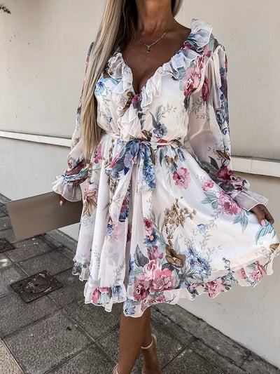 Women Hollow Out Summer Long Sleeve Dress Sexy High Waist Backless V Neck Dress Casual Ruffles Patchwork Party Dress Vestido New
