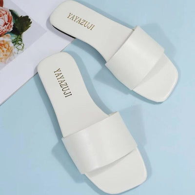 Fashion Minimalist Single Band Slide Sandals Solid Color Women Slippers 2023 Summer New Outdoor Sandy Beach Open Toe Flat Shoes