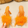 Liyke Summer Fashion Yellow Fluffy Furry Women Slippers Mules High Heels Slides Female Gladiator Sandals Party Banquet Shoes