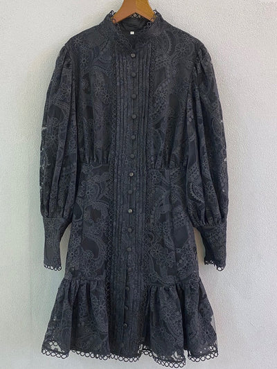 High Quality Spring Women's Fashion Designer Party Mini Dress Lantern Sleeve Gorgeous Lace Shirt Style White Print Dresses 1A264