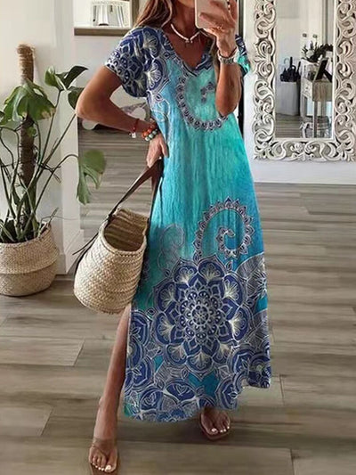 Boho Summer Beach Sundress Robe Female Casual Vintage Print Loose Long Dress Cover Up Women Hollow Short Sleeve Dress Cover-Ups