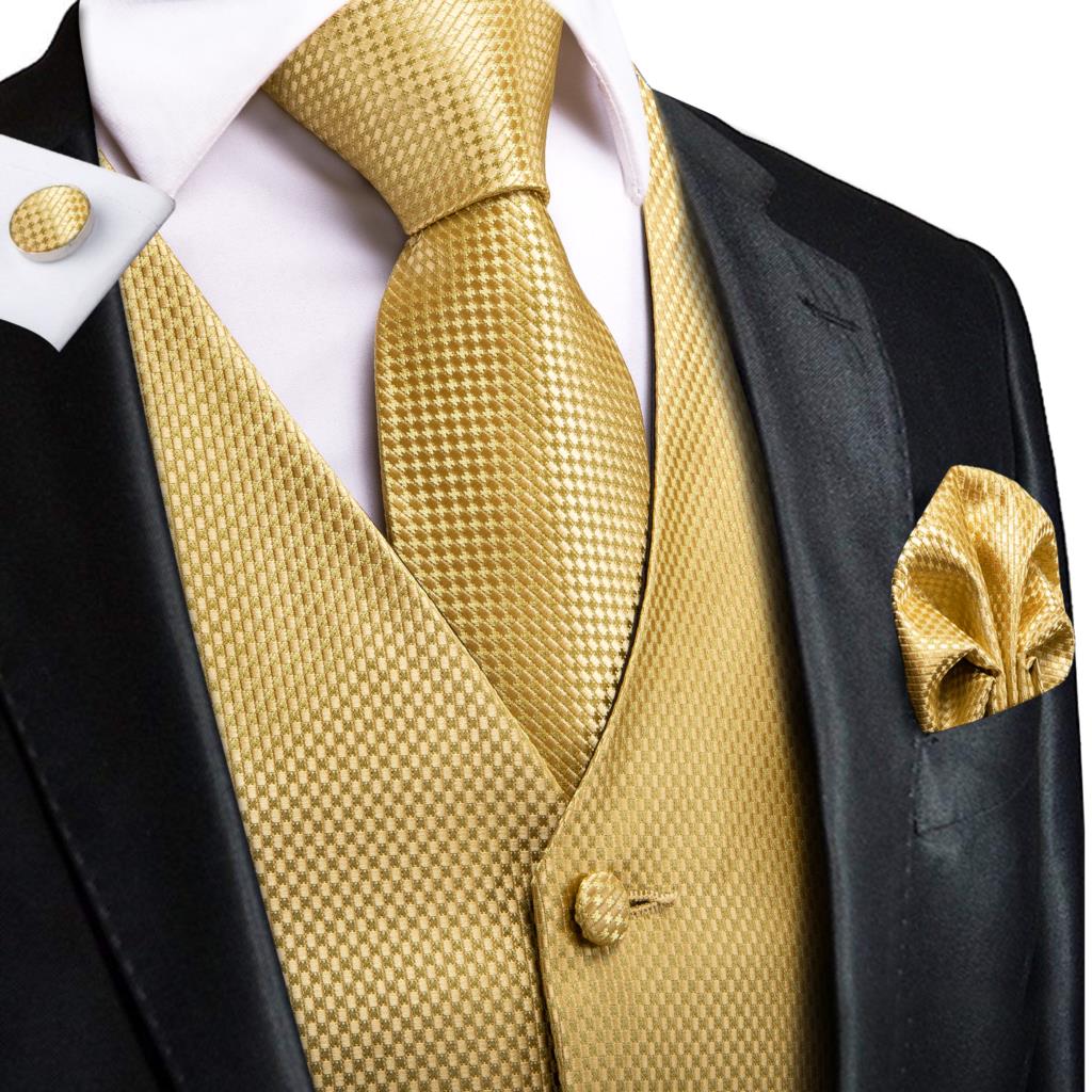 Hi-Tie 100% Silk Ivory Beige Champagne Gold Mens Vests Tie Hankerchief Cufflinks Set Jacquard Vine Waistcoat for Men Suit Dress