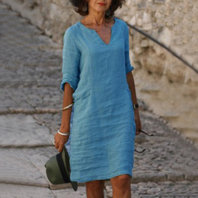 Cotton Linen Dress Vintage Casual V Neck Loose Waist Midi Beach Dress Women Clothing stitching retro solid color dress for women