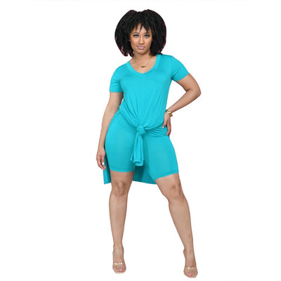 Active Wear  Solid Two Piece Set Tracksuit for Women Short Sleeve Side High Split Extra-long Tops and Skinny Shorts Outfits