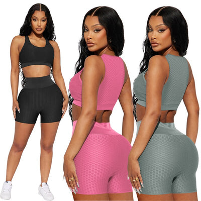 Summer Active Wear Knit Two Piece Set for Women 2023 Sporty Fitness Tank Crop Top and Shorts Suit Workout Gym Yoga Set Tracksuit