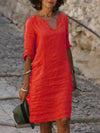 Cotton Linen Dress Vintage Casual V Neck Loose Waist Midi Beach Dress Women Clothing stitching retro solid color dress for women