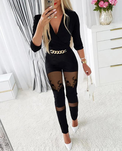 2023 new chain decoration contrast mesh one-piece dress with lace chain decoration long-sleeved work clothes