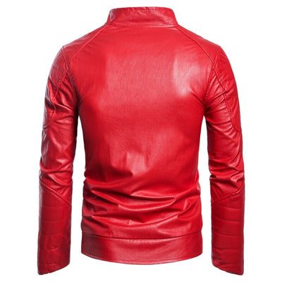 Winter Men's Leather Jacket Motorcycle Leather PU Jacket Korean Fashion Street Dress Men's Red Standing Collar Casual Coat