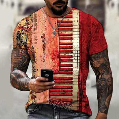 Men's T-Shirt Music Notes Piano Keys 3D Printed Lycra Polyester Shirt Men's Short Sleeve Fashion Oversized Summer Dress