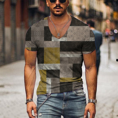 Men's Vintage T-shirt Summer 3d Striped V Neck Short Sleeve Oversized Casual Style Top Breathable Y2k Male Clothing T Shirt 2023