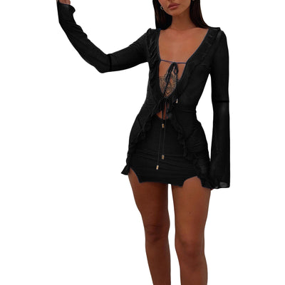 Sexy Mesh Cutout Ruffle Mini Dress with Low-Cut Neckline and Slim Fit for Women s Summer Beachwear