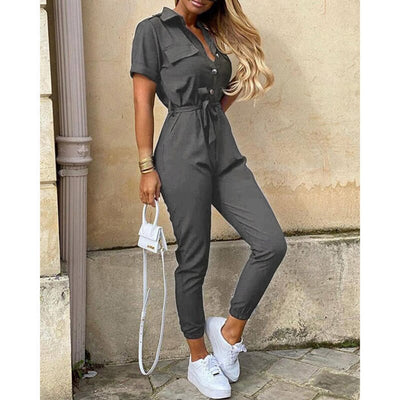 Summer  2023 Women Lapel Button Printed Belt Jumpsuit Women Elegance Short Sleeve Jump Suits for Women Overall