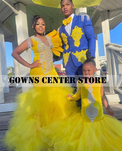 Yellow Velvet Long Sleeve Prom Dresses For Black Girls Ruffel One Shoulder Mermiad Wedding Party Gowns With Tassels Tulle Train