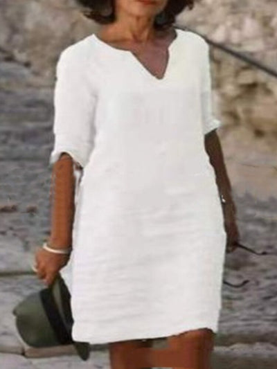 Cotton Linen Dress Vintage Casual V Neck Loose Waist Midi Beach Dress Women Clothing stitching retro solid color dress for women