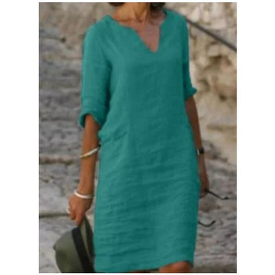 Cotton Linen Dress Vintage Casual V Neck Loose Waist Midi Beach Dress Women Clothing stitching retro solid color dress for women