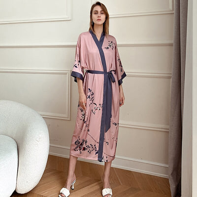 Female Long Robe Nightgown Print Crane Kimono Bathrobe Gown Sleepwear Spring Summer Casual Silk Satin Home Dress Lounge Wear