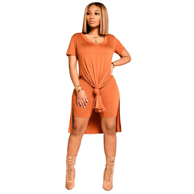 Active Wear  Solid Two Piece Set Tracksuit for Women Short Sleeve Side High Split Extra-long Tops and Skinny Shorts Outfits