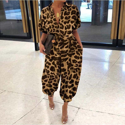 New Leopard Print Jumpsuit for Women Retro Short Sleeved Button Casual Pants Loose Fit Jump Suits for Women