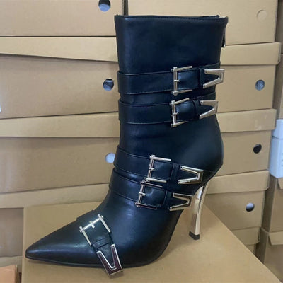 High Quality Women's Boots Autumn and Winter New Metal Thin High Heel Belt Buckle Night Spot Stage Show Shoes Party Boots