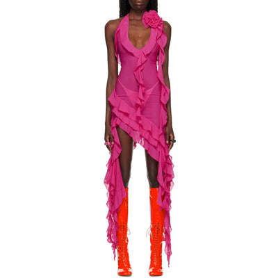 HOXIJIA Women Sexy Sleeveless Slit Dress Solid Color 3D Flower Sheer Mesh Irregular Ruffled Hem Tassels Dresses