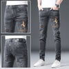 Summer High End Trendy Brand Printed Jeans Men Thin Slim Fit Skinny Trousers With Red Ears And Stretch Hand Embroidered Diamonds