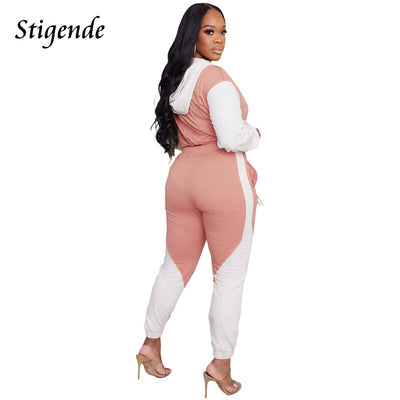 Stigende Women Fashion Spliced Colour Tracksuit Hooded Sweatshirt and Sweatpants Set Ladies Fitness Two Piece Set Active Wear