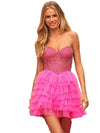 Strapless Tutu Tulle Cocktail Mini Dress Rose Red Tiered Short Dress With Rhinestone Glitter For Homecoming Prom Birthday Party