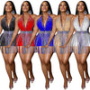 Casaul Women Skirt Two Piece Set Diamond Shirt + Mini Dress Diamond Backless Deep V-neck Matching Set Streetwear Clothes