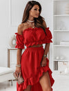 Summer Elegant Ruffle Backless Two Piece Set Women Outftis 2022 Sexy Slash Neck Puff Sleeve Strapless Casual Ladies Dresses Robe