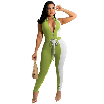 ANJAMANOR Fashion Sport One Piece Jumpsuit Colorblock Zip Up Sleeveless Bodycon Jump Suits for Women Wholesale Items D44-DZ34