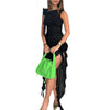 HOXIJIA Women Sexy Sleeveless Slit Dress Solid Color 3D Flower Sheer Mesh Irregular Ruffled Hem Tassels Dresses