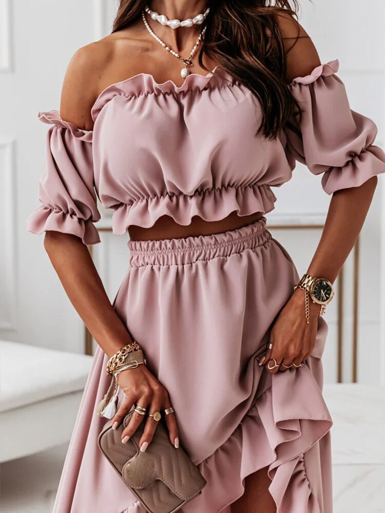 Summer Elegant Ruffle Backless Two Piece Set Women Outftis 2022 Sexy Slash Neck Puff Sleeve Strapless Casual Ladies Dresses Robe