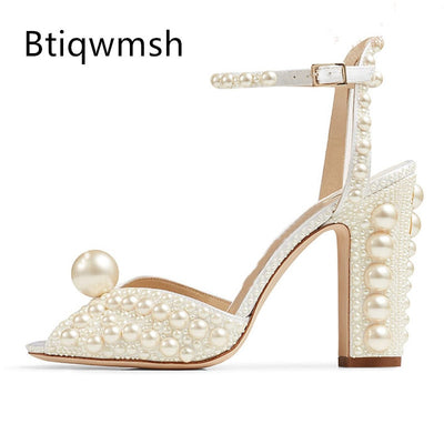 Big Pearl Gladiator Sandals Woman Open Toe Rhinestone Diamond High Heels Pumps Woman Pure Wedding Shoes