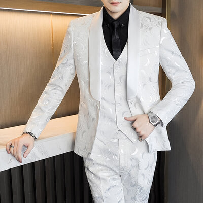 Mens White Floral One Button Suits Party Wedding Groom Tuxedos Groomsmen 2 Piece Suit (Jacket+Pants) Male Costume Mariage Homme