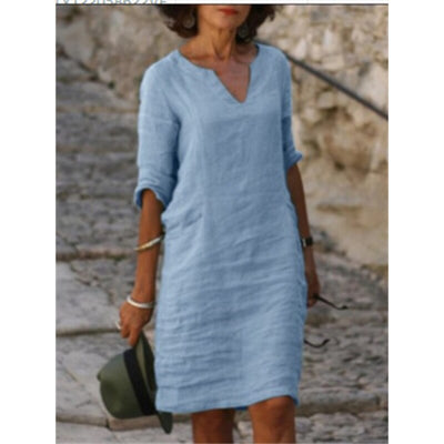 Cotton Linen Dress Vintage Casual V Neck Loose Waist Midi Beach Dress Women Clothing stitching retro solid color dress for women