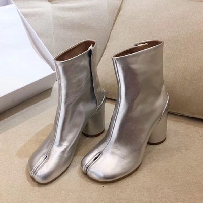 Real Cow Leather Split Toe Ninja Tabi Boots Women MM6 Brand Design Genuine Leather Ankle Boot Woman Round High Heels Shoes