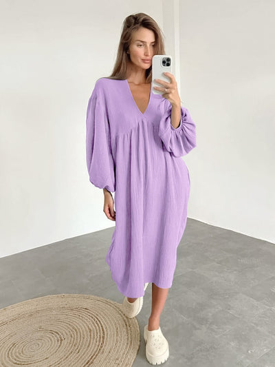 Linad Lantern Sleeve Night Dress Women Loose V Neck Sleepwear 2022 Autumn Cotton Woman Dresses Casual Pajamas Solid Elegant